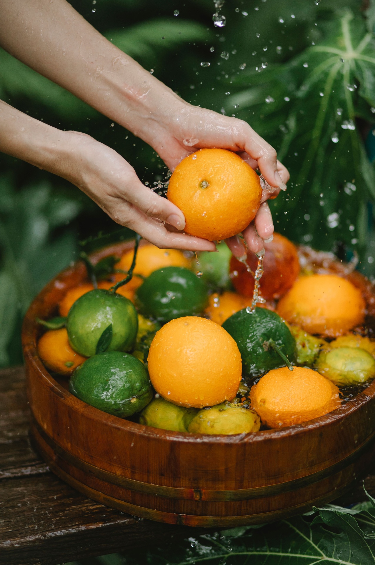 Hands gently washing fresh oranges and limes in a wooden bowl, water droplets catching the light